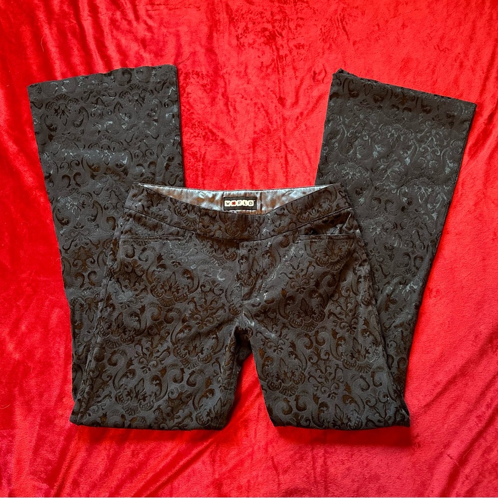 90s Black Goth Vampire Damask Black Patterned Flare Pants